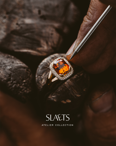 SLAETS Jewellery One-of-a-kind Orange Mandarin Garnet with Diamonds, 18kt Gold Ring *SOLD* (horloges)